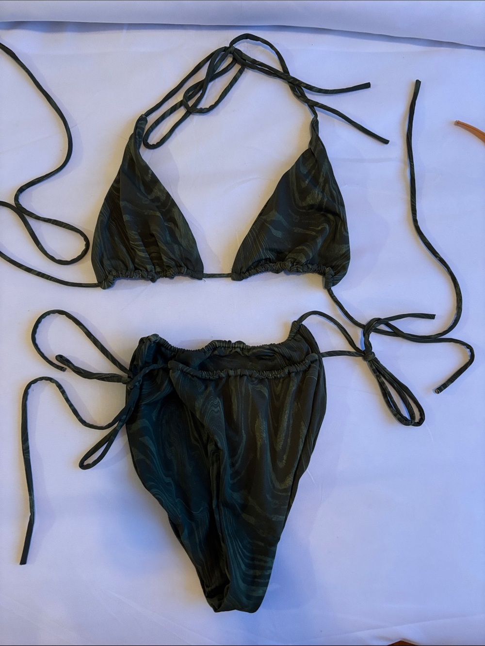 Good American Dark Green Marble Print String Bikini